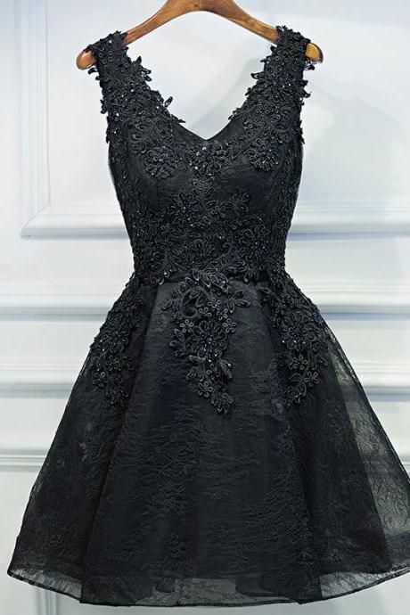 Black High Low Lace V-neckline Short Homecoming Dress Hand Made Custom Prom Dress Party Dress Sa178