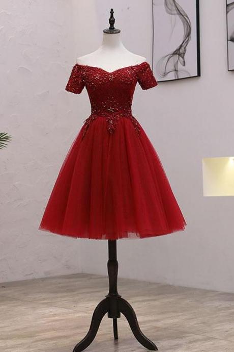 Dark Red Off Shoulder Short Tulle With Lace Party Dress Short Red Homecoming Dresses Sa179