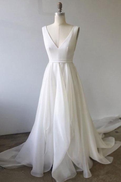 White Chiffon V Neck Long Wedding Party Dresses White Floor Length Wedding Dresses Sa180