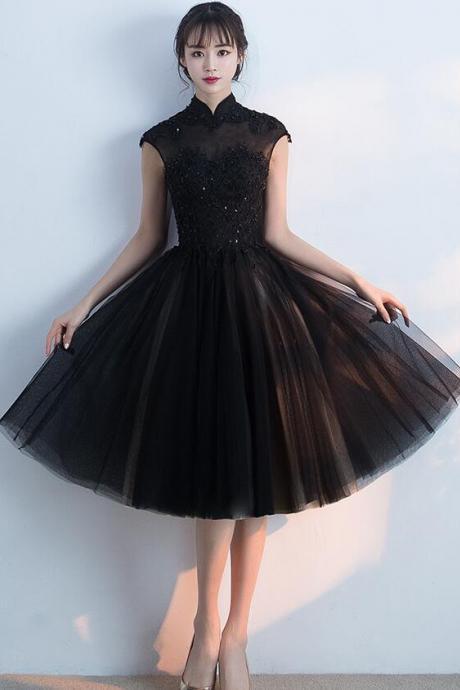 Black Lace Applique High Neckline Beaded Knee Length Formal Dress Party Dresses Sa182