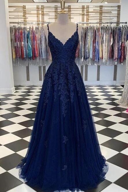 Navy Blue Tulle Staps V-neckline Lace Applique Long Formal Dress Evening Dress Prom Dress Sa183