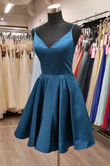 Blue V Neck Simple Straps Knee Length Homecoming Dress Party Dress Short Prom Dress Sa184