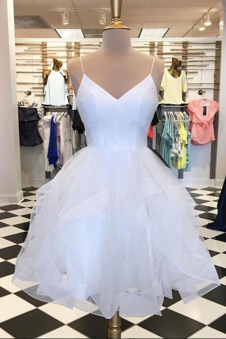 White Layers Tulle V-neckline Short Evening Party Dress Graduation Dress Short Prom Dress Sa185
