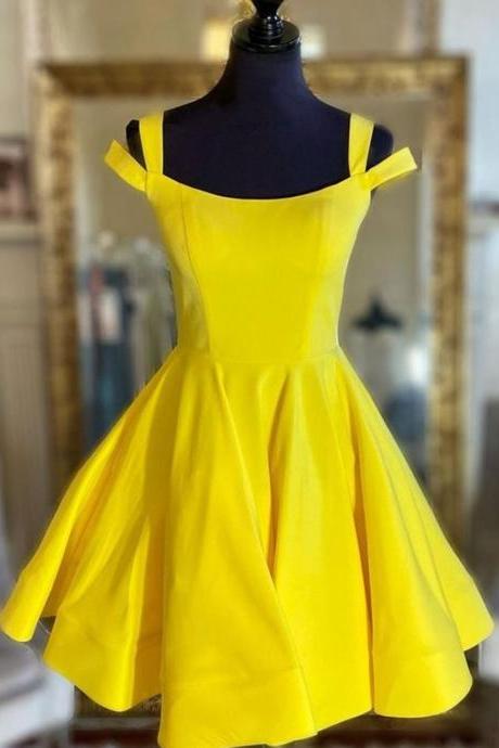 Yellow Shoulder Short Yellow Satin Prom Dresses Short Satin Formal Homecoming Dresses Sa191
