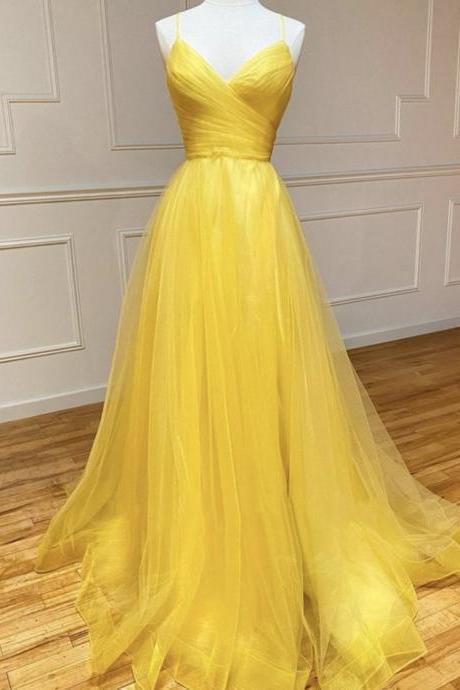 Yellow Tulle Long Formal Evening Dresses Open Back Yellow Tulle Long Prom Dress Sa192