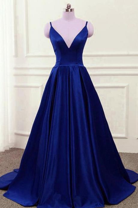 Blue Satin Cross Back Straps V-neckline Party Dress Hand Made Prom Dress Sa193