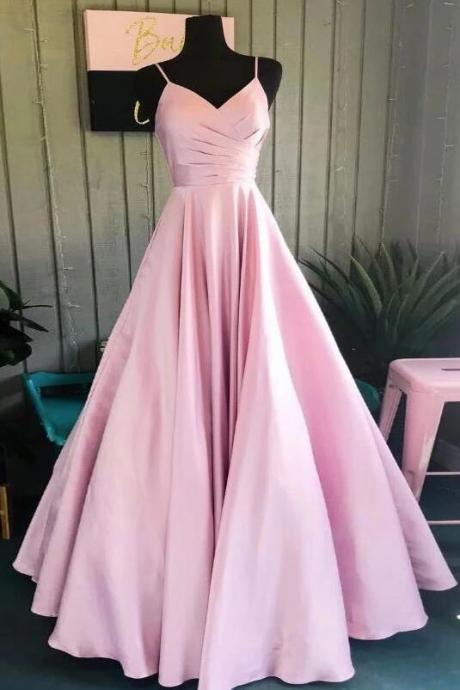 Pink Satin V Neck Floor Length Straps Formal Dresses Pink Long Party Dresses Sa194