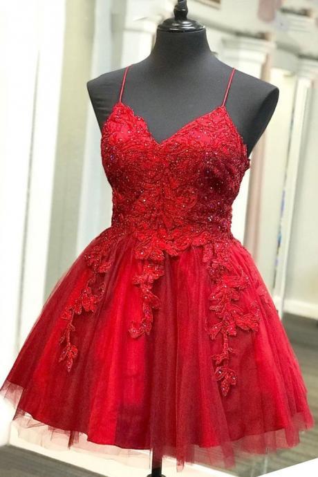 Red Short Prom Dress Homecoming Dress, Backless Red Lace Formal Graduation Evening Dress Sa195