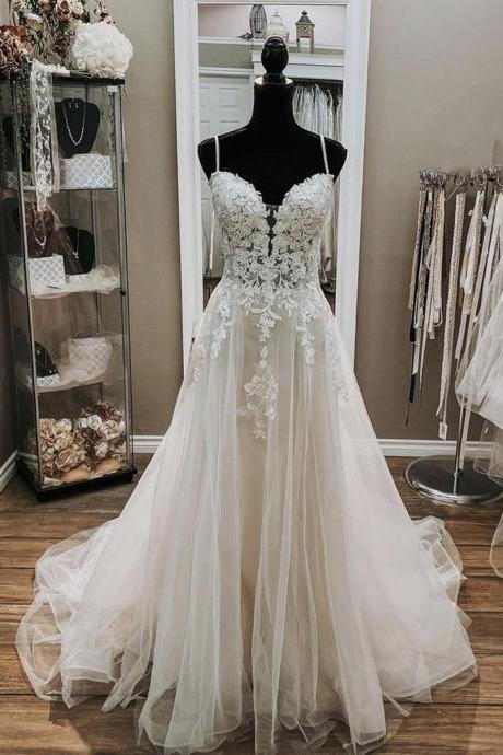 A-line V Neck White Lace Wedding Dresses Lace Formal Prom Dresses Sa196