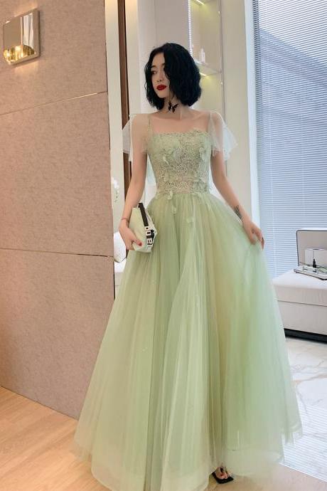 Light Green Tulle With Lace Cap Sleeves Long Evening Dress Beautiful Green Formal Dresses Sa198