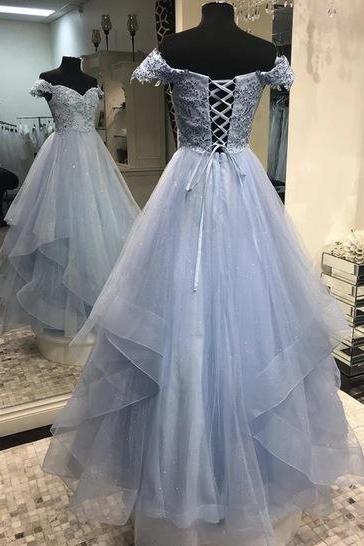 Grey Tulle Sweetheart Off Shoulder Layers Long Party Dress A-line Grey Prom Dress Sa199
