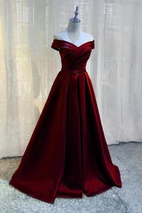Dark Red A-line Floor Length Satin Prom Dress Party Dress Off Shoulder Long Evening Dress Sa204