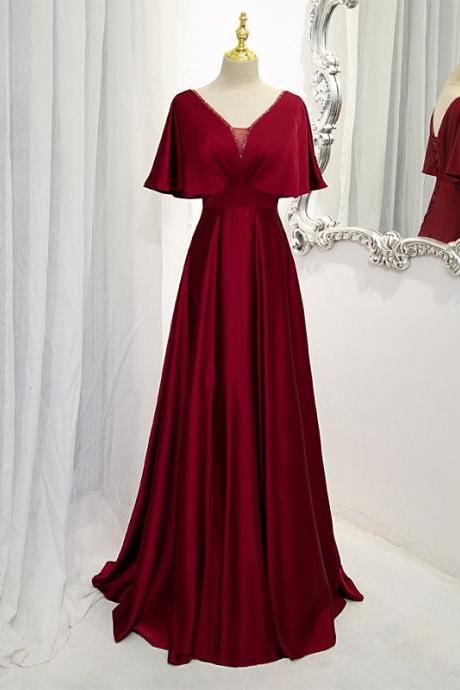 Dark Red Satin A-line Floor Length Evening Dress, Wine Red Wedding Party Dresses Sa205