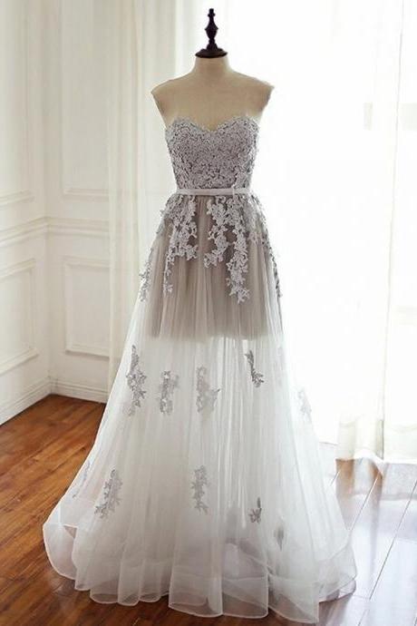 Light Grey Sweetheart High Low Lace Applique Party Dress Grey Evening Dresses Formal Dresses Sa208