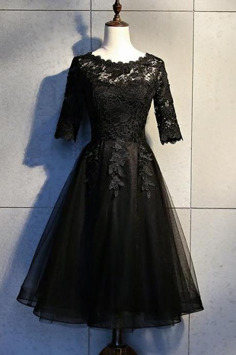 Black Lace And Tulle Short Sleeves Knee Length Homecoming Dress, Black Short Prom Dresses Sa209