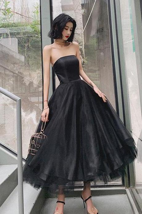 Black Short Scoop Tea Length Evening Dress Party Dress Black Party Dresses Sa211
