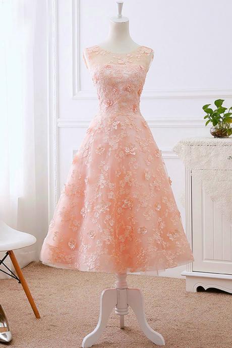 Pink Tea Length Flower Lace Round Neckline Wedding Party Drses Pretty Lace Dress Sa213