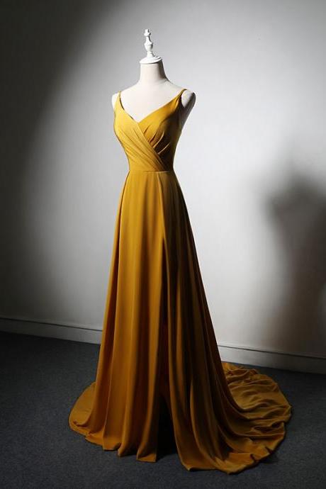 V-neckline Straps Long Gold Simple Party Dress With Leg Slit Long Gold Evening Dress Prom Dress Sa214
