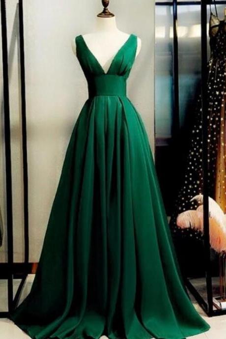A-line Green Satin Long Evening Dress Prom Dress Floor Length V-neckline Party Dress Sa218