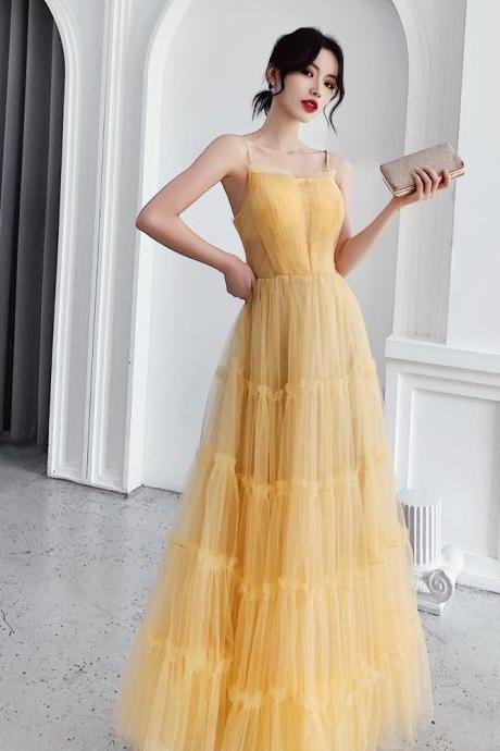 Light Yellow Straps Tulle A-line Long Evening Dress Formal Dress, Light Yellow Prom Dress Sa219