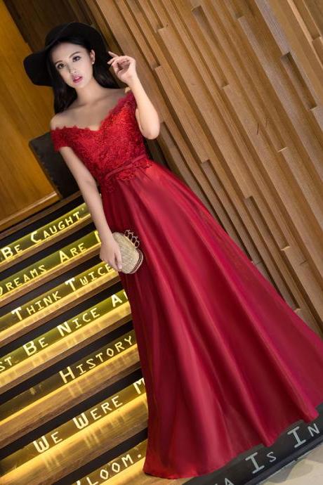 Red Off Shoulder Lace Top And Satin Long Party Dress Sweetheart A-line Formal Dress Sa224