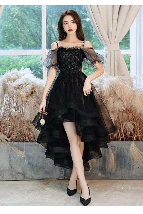 Black Tulle Short Sleeves High Low Party Dress, Tulle Black Formal Dress Prom Dress Sa228