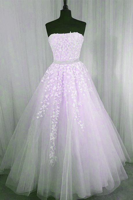 Light Purple Tulle Strapless Lace Applique Long Formal Gown Light Purple Evening Dress Sa229