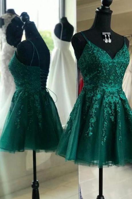 Green Lace Tulle V-neckline Short Prom Dress Homecoming Dress Graduation Dress Sa233