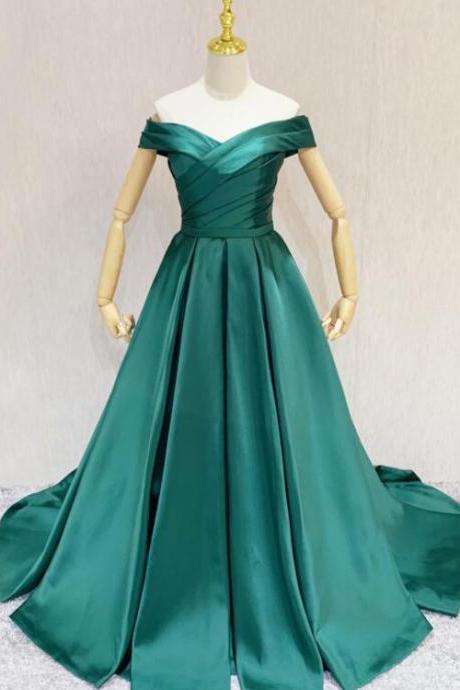 Green Off Shoulder Satin Sweetheart Long Formal Dress A-line Wedding Party Dress Sa236