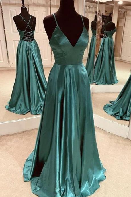 Green Satin Simple Cross Back V-neckline Floor Length Party Dress Prom Dress Formal Dress Sa237
