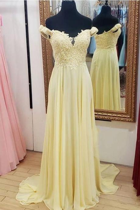 Light Yellow Chiffon Lace Sweetheart A-line Beaded Prom Dress Sa238