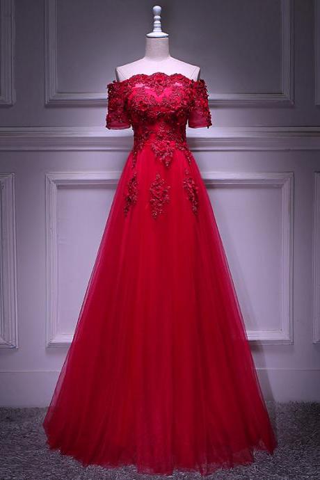 Red Tulle Short Sleeves Lace Applique Long Junior Prom Dress, Red Formal Gown Sa239