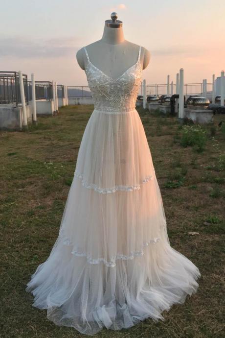 Ivory Tulle V-neckline Straps Long Beach Wedding Dresses Spaghetti Strap Bridal Gowns Country Wedding Gown Sa240