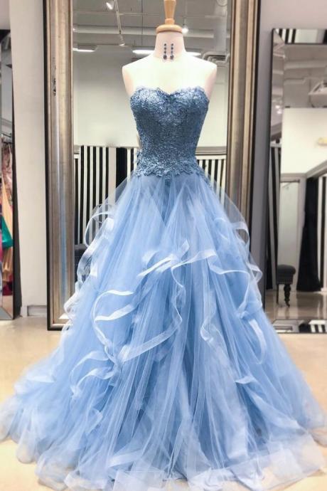 Sweetheart Blue Tulle Layered Long Prom Dress Lace Evening Dress Sa241