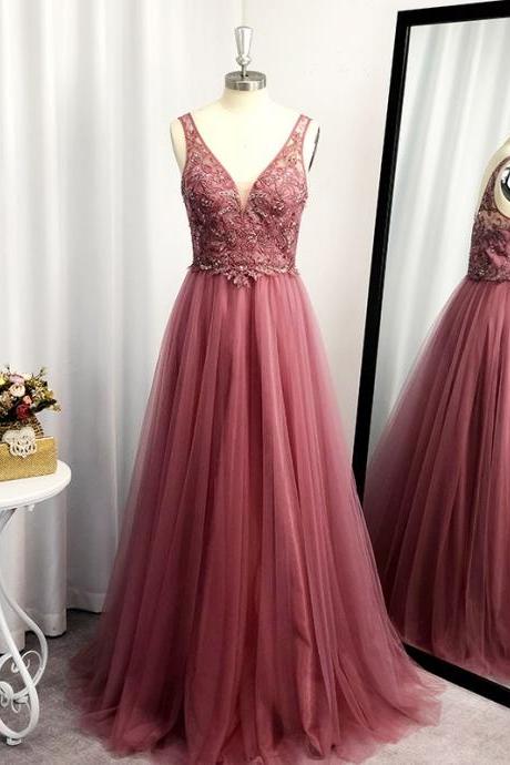 Pink Tulle Lace V-neckline Floor Length Party Dress A-line Pink Formal Dress Sa242