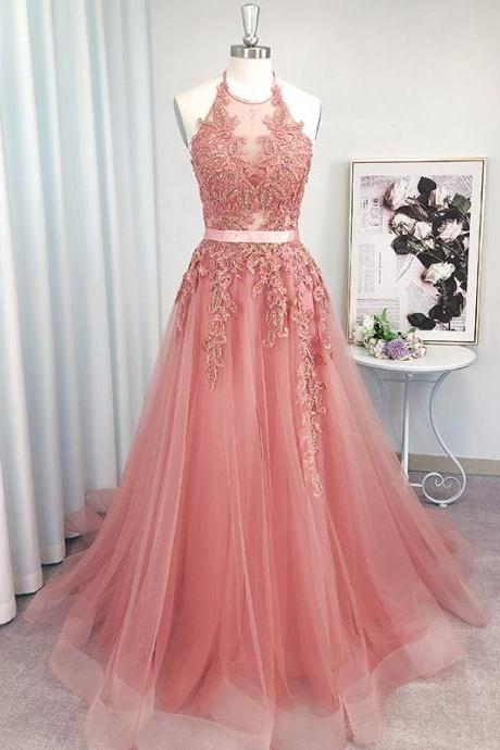 Pink Halter Tulle With Lace Applique Long Junior Prom Dress, Pink Formal Dress Evening Dress Sa245