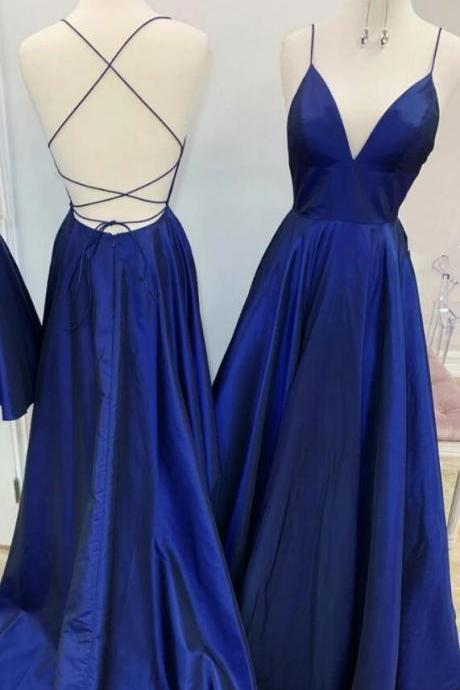 Blue Satin Open Back V-neckline Floor Length Prom Dress Evening Dress Party Dress Sa246
