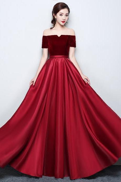Dark Red A-line Short Sleeves Satin Long Party Dress, Long Formal Dress Evening Sa247