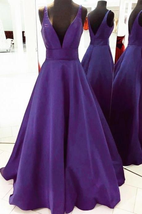 Purple Satin Open Back V-neckline Prom Dress Purple Long Formal Dress Evening Dress Sa248