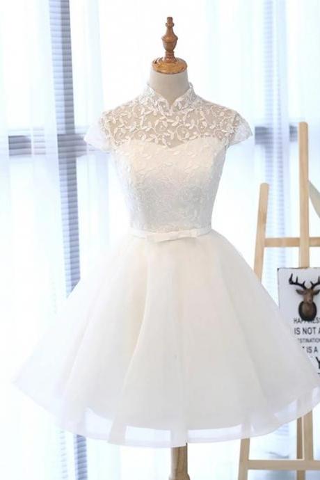 White Lace Short Cap Sleeves Prom Dress Cute Short Formal Dress Graduation Dress Sa249