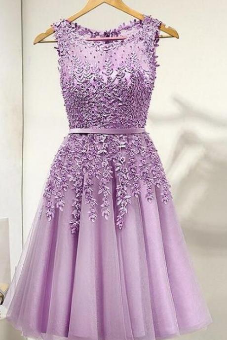 Lovely Purple Round Neckline Tulle Short Beaded Lace Prom Dress Knee Length Homecoming Dress Sa250