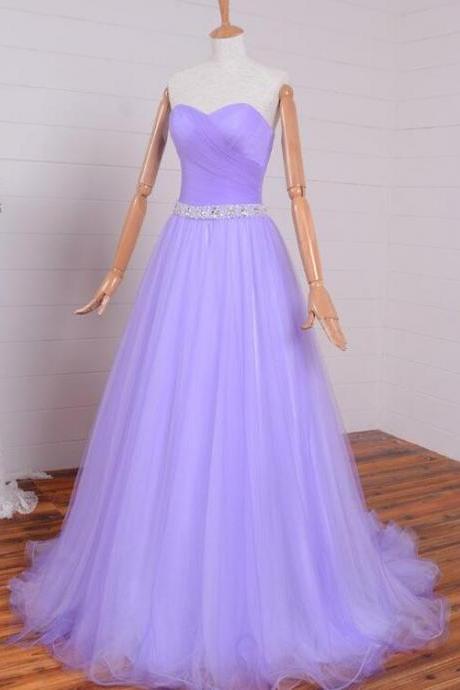 Lavender Sweetheart Simple Beaded Waist Long Party Dress, Tulle Evening Gown Prom Dress Sa251
