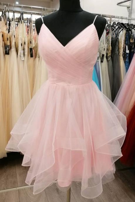 Pink Tulle V-neckline Short Layers Prom Dress, Pink Homecoming Dress Graduation Dress Sa252