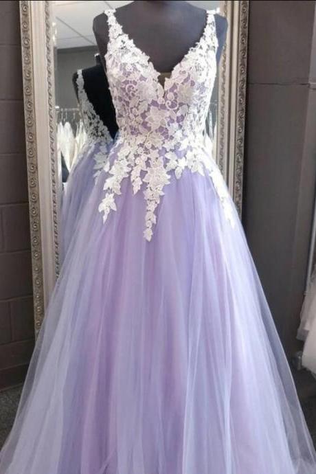 Light Purple V Neck Backless Lace Floor Length Prom Dresses Lace Formal Graduation Evening Dresses Sa253