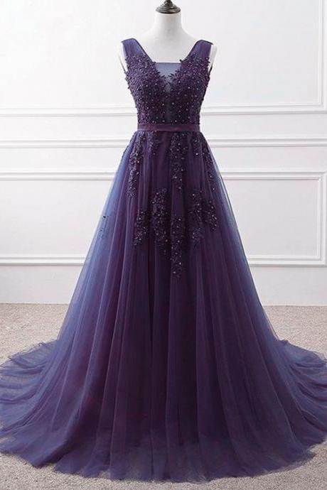 Beautiful Purple Tulle V-neckline Long Party Dress A-line Prom Dress Bridesmaid Dress Sa254