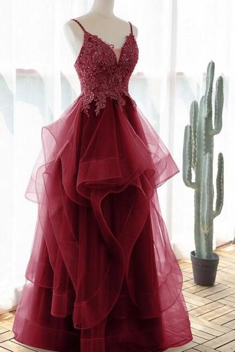 Wine Red Style Straps Lace And Tulle Layers Prom Dress Burgundy Formal Evening Dress Sa255