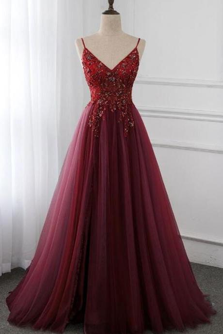 Beautiful Burgundy Long Tulle V-neckline Beaded Junior Prom Dress Hand Made Dark Red Party Dress Sa258