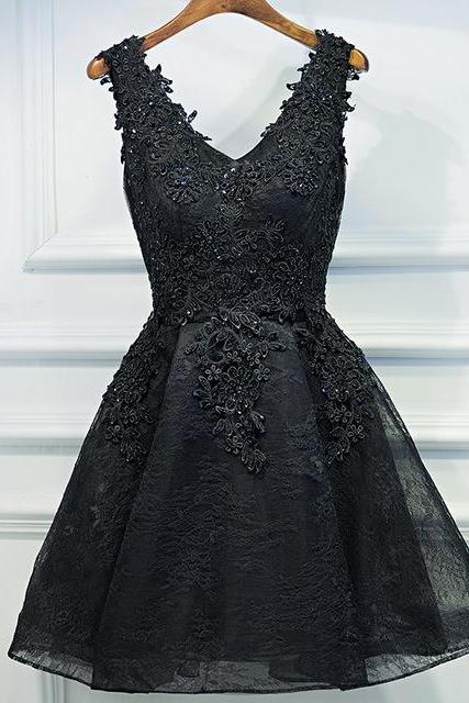 Hand Made Lovely Black Lace Short Prom Dresses,black Applique Hoco Dresses A-line Homecoming Dress Sa259