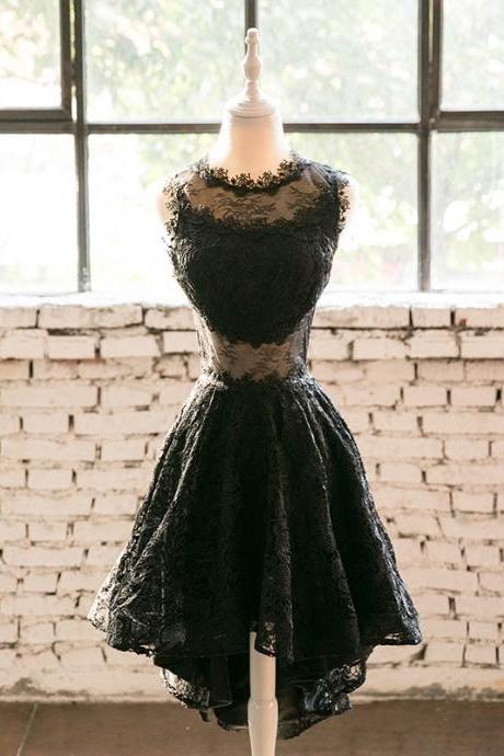 Black Lace High Low Short Party Dress Hand Made Round Neckline Black Homecoming Dress Short Formal Dress Sa262