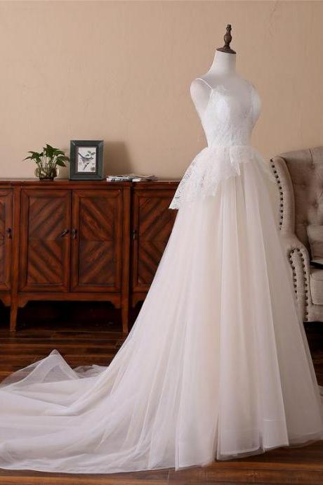Lovely Ivory Tulle With Lace Straps Long Wedding Dress, Lace Wedding Party Dress Sa264
